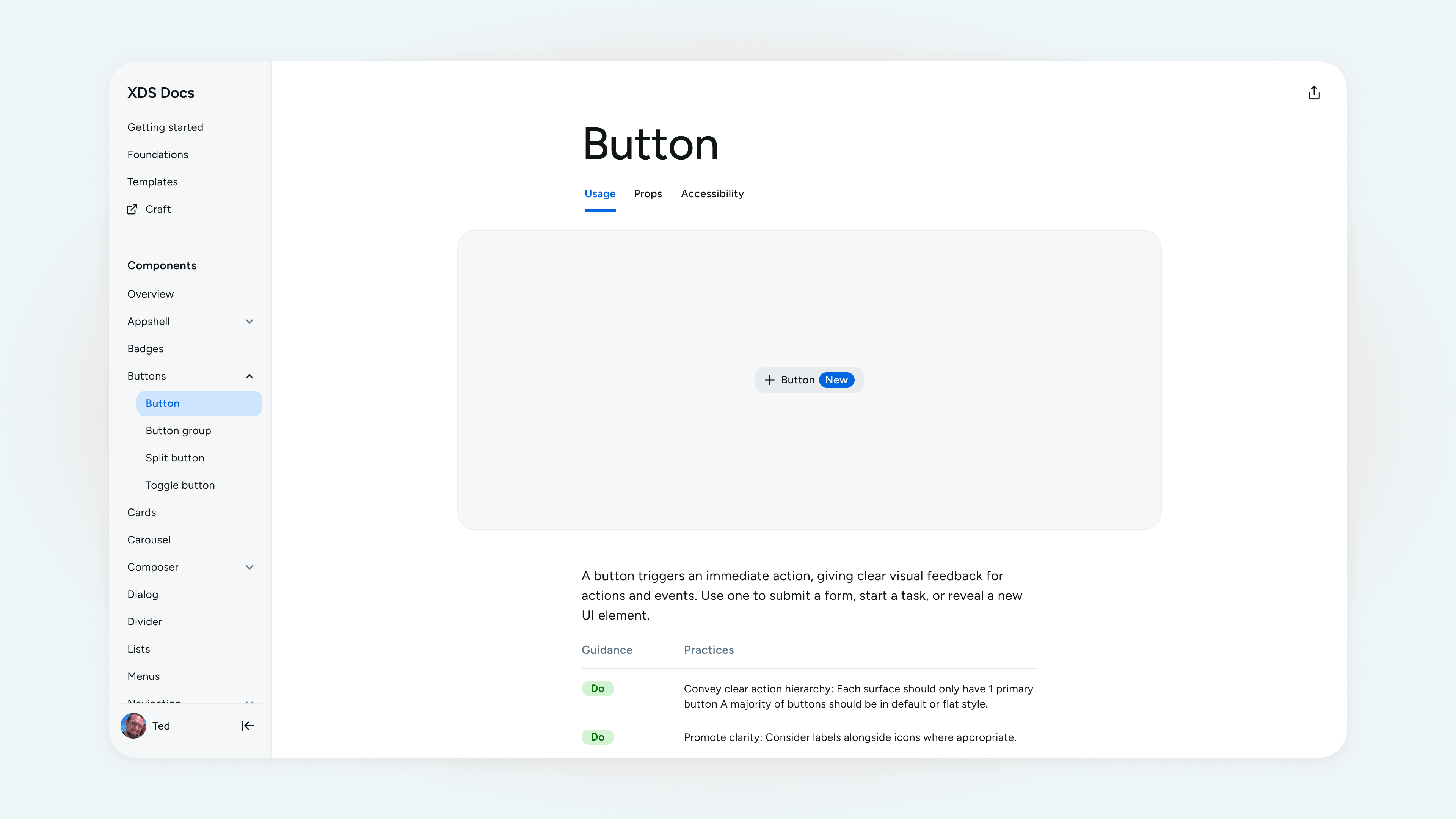 Component details page with live prop editing